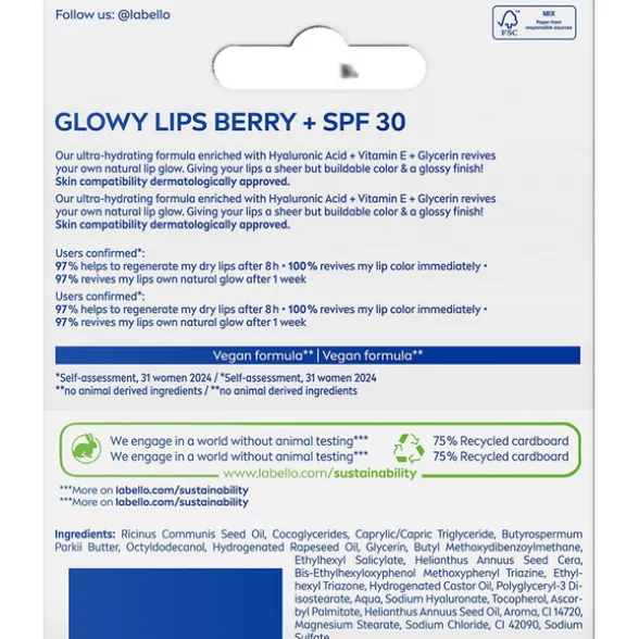 LABELLO BURROCACAO GLOWY BERRY ACIDO IALURONICO SPF30 TUBETTO