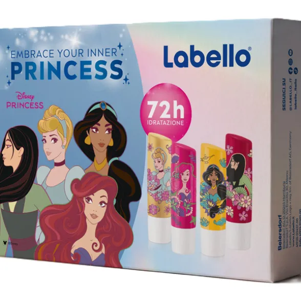 LABELLO COFANETTO STICK 5,5 ML DISNEY PRINCESS; MULAN CHERRY 5,5 ML + CINDERELLA VANILLA 5,5 ML + JASMIN WATER MELON 5,5 ML + ARIEL MANGO 5,5 ML