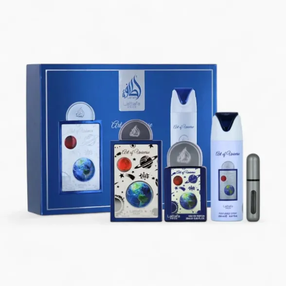 LATTAFA PRIDE COFANETTO ART OF UNIVERSE 4 PEZZI; EDP 100 ML + EDP 20 ML + DEODORANTE 200 ML + REFILLABLE TRAVEL SPRAY