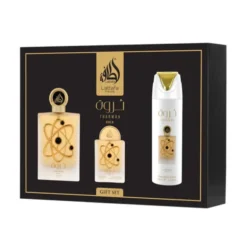LATTAFA PRIDE COFANETTO THARWAH GOLD 4 PEZZI; EDP 100 ML + EDP 20 ML +DEODORANTE 200 ML REFILLABLE TRAVEL SPRAY