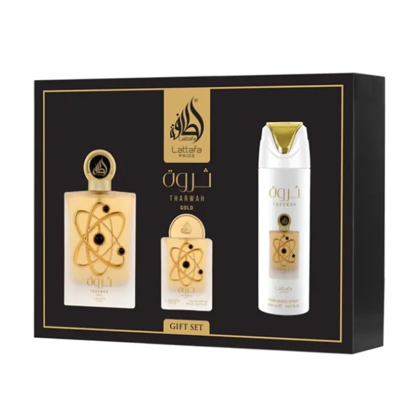 LATTAFA PRIDE COFANETTO THARWAH GOLD 4 PEZZI; EDP 100 ML + EDP 20 ML +DEODORANTE 200 ML REFILLABLE TRAVEL SPRAY