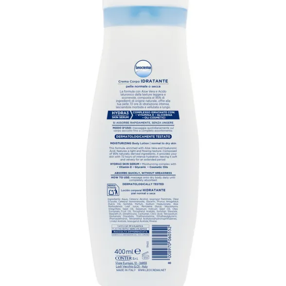 LEOCREMA FLUIDA CREMA CORPO IDRATANTE ALOE VERA e ACIDO IALURONICO PELLE MORMALE o SECCA 400 ML