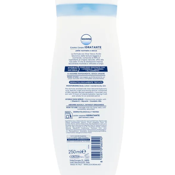 LEOCREMA FLUIDA CREMA CORPO IDRATANTE CON ALOE VERA e ACIDO IALURONICO PELLE NORMALE o SECCA 250 ML