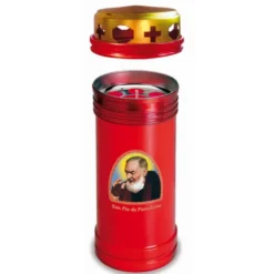 LUMINO VOTIVO PLASTICA ROSSO 40L IMMAGINE SAN PIO DA PIETRELCINA
