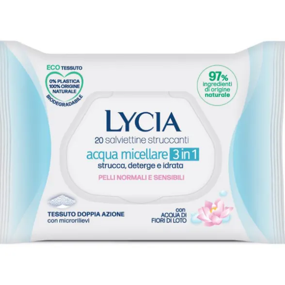 LYCIA SALVIETTE ECO TESSUTO STRUCCANTI ACQUA MICELLARE PELLI NORMALI E SENSIBILI 20 PZ