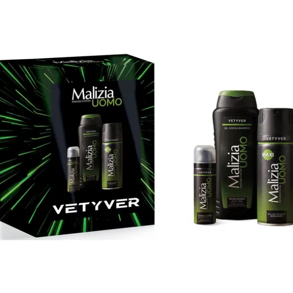 MALIZIA UOMO COFANETTO VETYVER; EDT DEODORANT SPRAY 175 ML + DOCCIASHAMPOO GEL 250 ML + SCHIUMA DA BARBA 50 ML OMAGGIO