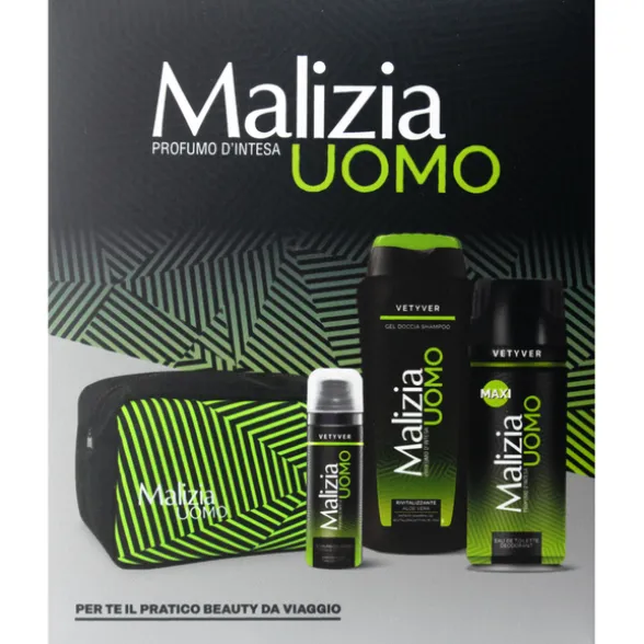 MALIZIA UOMO PROUMO D'INTESA COFANETTO - POCHETTE + EDT DEODORANT VETYVER 175 ML + DOCCIASHAMPOO GEL VETYVER 250 ML + SCHIUMA DA BARBA VETYVER 50 ML