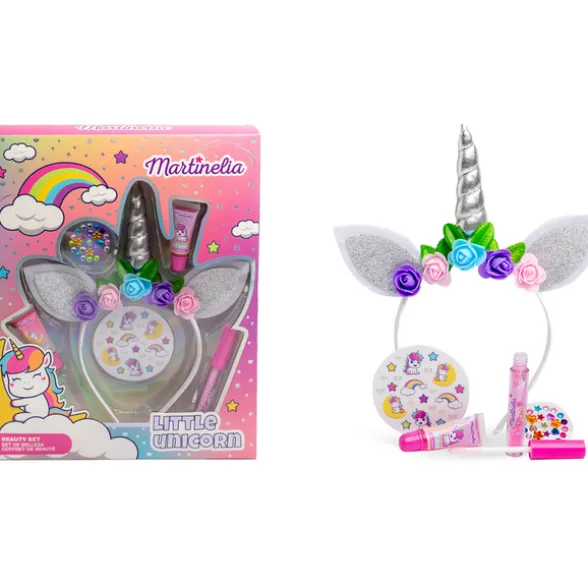 MARTINELIA LITTLE UNICORN BEAUTY SET: UNICORN HAIR BAND - 2 LIP GLOSS - 1 LIP GLOSS POT - STICKERS - GEM STICKERS