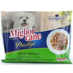 MIGLIOR CANE PRESTIGE BOCCONCINI DELICATI 4 BUSTE DA 100 GRAMMI: 2 BUSTE POLLO PROSCIUTTO E VERDURE - 2 BUSTE VITELLO POLLO E VERDURE