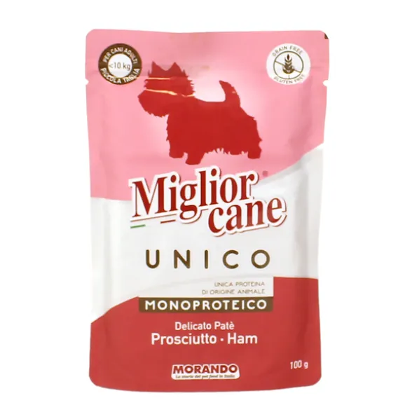 MIGLIOR CANE UNICO DELICATO PATE' DI PROSCIUTTO PER CANI INFERIORI A 10 KG BUSTA 100 grammi