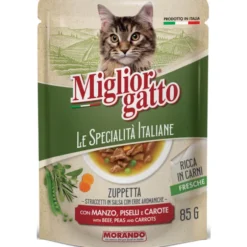 MIGLIOR GATTO LE SPECIALITA' ITALIANE ZUPETTA CON STRACCETTI DI MANZI - PISELLI - CAROTE BUSTA 85 grammi