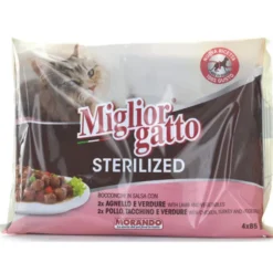 MIGLIOR GATTO STERILIZED BOCCONCINI CARNE 4 BUSTE DA 85 GRAMMI: 2 BUSTE POLLO TACCHINO E VERDURE - 2 BUSTE AGNELLO E VERDURE