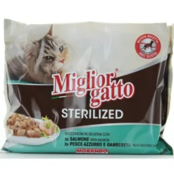 MIGLIOR GATTO STERILIZED BOCCONCINI PESCE 4 BUSTE DA 85 GRAMMI:2 BUSTE PESCE AZZURRO E GAMBERETTI - 2 BUSTE SALMONE DELICATO