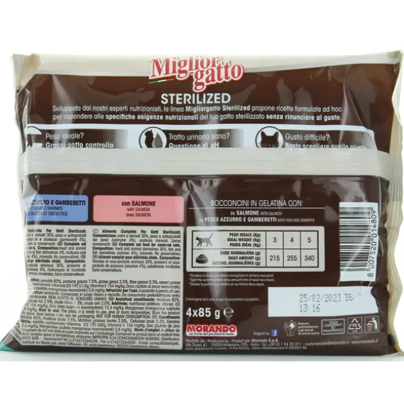 MIGLIOR GATTO STERILIZED BOCCONCINI PESCE 4 BUSTE DA 85 GRAMMI:2 BUSTE PESCE AZZURRO E GAMBERETTI - 2 BUSTE SALMONE DELICATO
