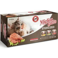 MIGLIOR GATTO STERILIZED VASCHETTE 6x100 GR. 2 POLLO E PROSCIUTTO, 2 POLLO AGNELLO E ORTAGGI, 2 MANZO FEGATO E CAROTE