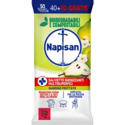 NAPISAN 50 SALVIETTE (40+10 GRATIS) BIODEGRADABILI COMPOSTABILI IGIENIZZANTI GIARDINO FRUTTATO