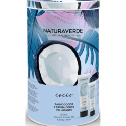 NATURAVERDE COFANETTO CILINDRO IN LATTA COCCO - BAGNODOCCIA VELLUTANTE TUBO 200 ML + CREMA CORPO VELLUTANTE TUBO 100 ML