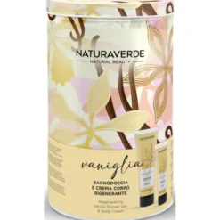 NATURAVERDE COFANETTO CILINDRO IN LATTA VANIGLIA - BAGNODOCCIA RIGENERANTE TUBO 200 ML + CREMA CORPO RIGENERANTE TUBO 100 ML