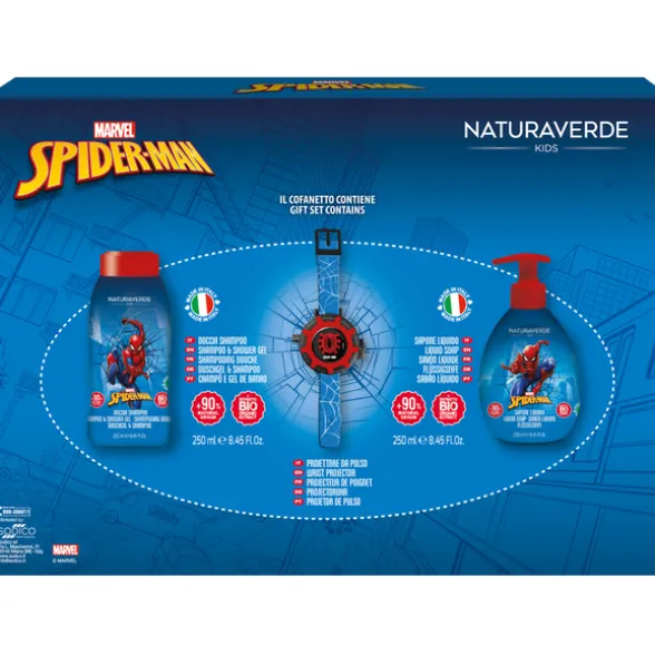 NATURAVERDE KIDS COFANETTO SPIDER-MAN: DOCCIASHAMPOO 250 ML + SAPONE LIQUIDO 250 ML + OROLOGIO PROIETTORE