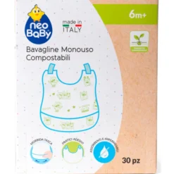 NEO BABY BAVAGLINE MONOUSO COMPOSTABILI CON TASCA E PRATICI ADESIVI 6 MESI+30 BAVAGLINE