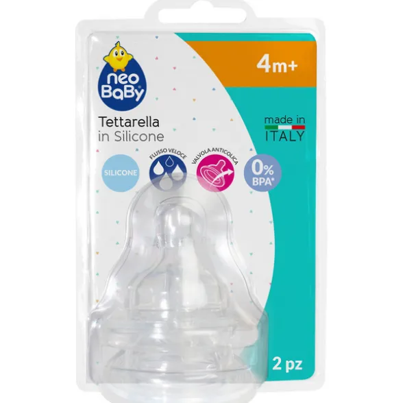 NEO BABY TETTARELLA IN SILICONE COLLO LARGO FLUSSO VELOCE 4m+ 2 PEZZI