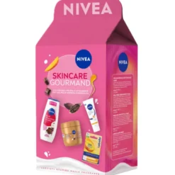 NIVEA COFANETTO BODY SKINCARE GOURMAND; CREMA MANI HONEY 75 ML + CREMA CORPO BURRO DI CACAO 400 ML + DOCCIA DARK CHOCOLATE 250 ML + LABELLO MANGO 5,5 ML
