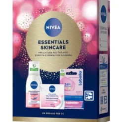 NIVEA COFANETTO REGALO DONNA ESSENTIAL SKIN CARE: STRUCCANTE OCCHI ILLUMINANTE WATERPROOF 125ml, CREMA VISO NUTRIENTE 50ml, LABELLO BURROCACAO SOFT ROSE' 4.8g