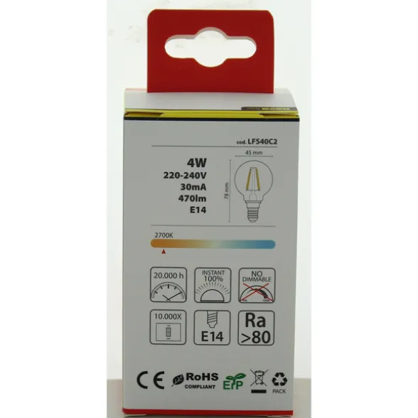 NOVALINE LAMPADINA LED FILAMENTO SFERA 4W=40W E14 RISPARMIO ENERGETICO 89%