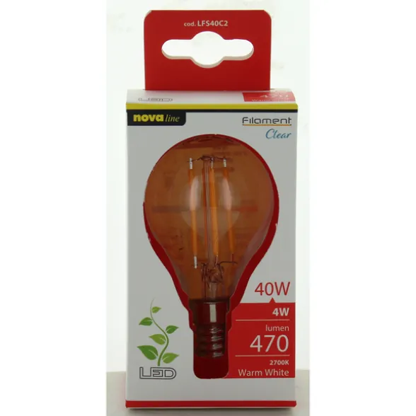 NOVALINE LAMPADINA LED FILAMENTO SFERA 4W=40W E14 RISPARMIO ENERGETICO 89%