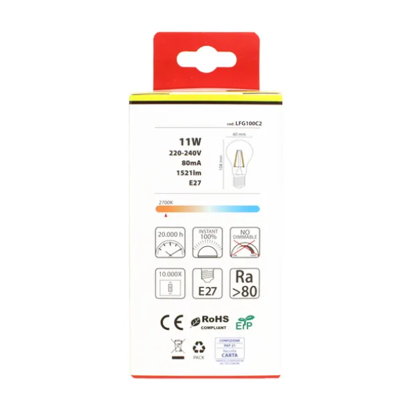 NOVA LINE LAMPADINA LED FILAMENTO GOCCIA 12W=100W E27 LUCE CALDA LUMEN 1521 2700K