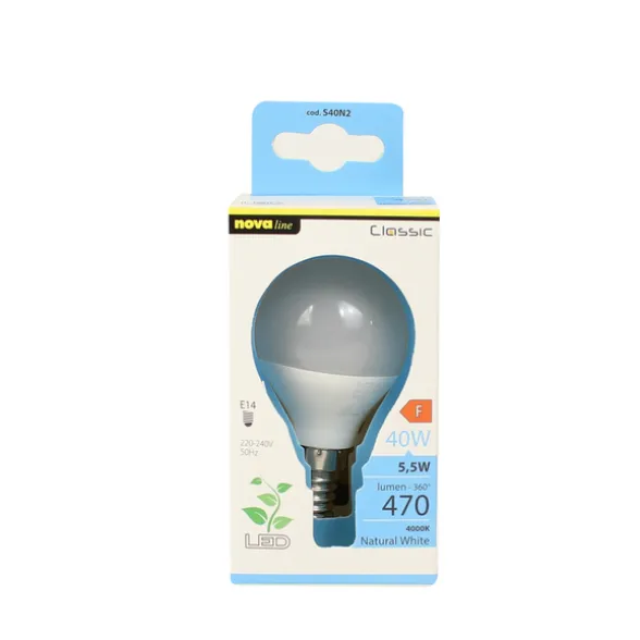 NOVALINE LAMPADINA LED SFERA 5,5W=40W E14 RISPARMIO ENERGETICO 86%