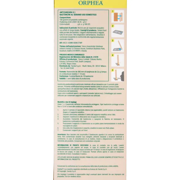 ORPHEA ANTIZANZARA 18 BASTONCINI AL GERANIO USO DOMESTICO