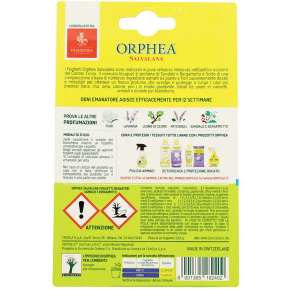 ORPHEA SALVALANA 12 FOGLIETTI PER CASSETTI E ARMADI AL PROFUMO DI SANDALO E BERGANOTTO