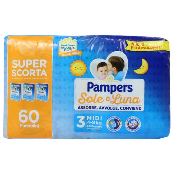 PAMPERS PANNOLINI SOLE E LUNA 3 MIDI 4-9 KG 60 PEZZI