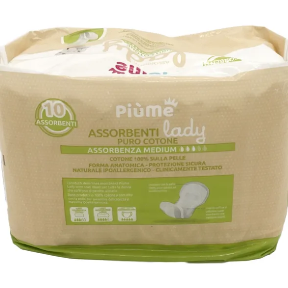 PIUME LADY ASSORBENTI PURO COTONE ANATOMICO ASSORBENZA MEDIUM 10 PEZZI