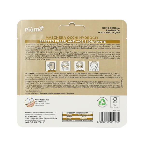 PIUME MASCHERA BORSE OCCHI HYDROGEL EFFETTO FILLER VELENO DI VIPERA E ACIDO IALURONICO IN TNT