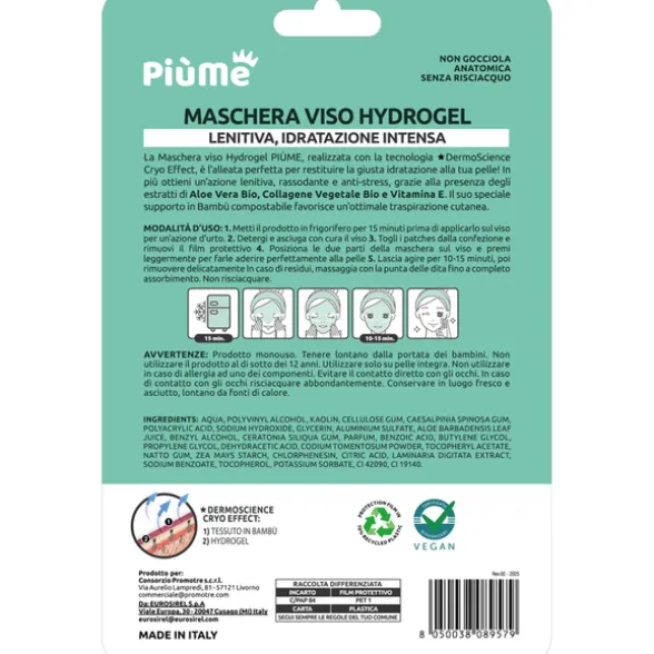 PIUME MASCHERA VISO HYDROGEL GLOW SKIN IN TESSUTO VEGETALE LENITIVA, IDRATAZIONE INTENSA, ALOE VERA BIO, COLLAGENE VEGETALE BIO e VITAMINA E