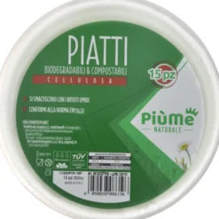 PIUME NATURALE PIATTO COPPETTA 15 PZ 300 CC BIODEGRADABILE & COMPOSTABILE CELLULOSA