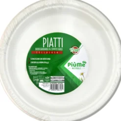 PIUME NATURALE PIATTO PIANO 15 PEZZI 22 CM BIODEGRADABILE & COMPOSTABILE CELLULOSA