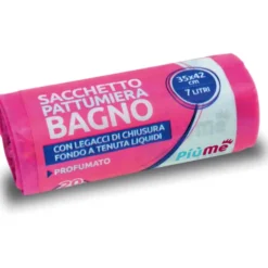 PIUME SACCHETTO PATTUMIERA BAGNO 35x42 7 LITRI 20 PEZZI CON LEGACCIO PROFUMATI ROSA