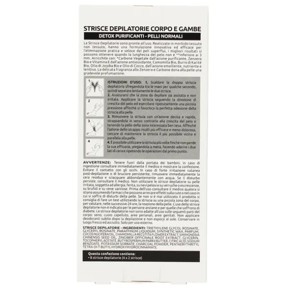 PIUME STRISCE DEPILATORIE CORPO E GAMBE DETOX CARBONE VEGETALE, ZENZERO BIO, CAMOMILLA BIO, OLIO DI JOJOBA BIO & VITAMINA E 8 PZ