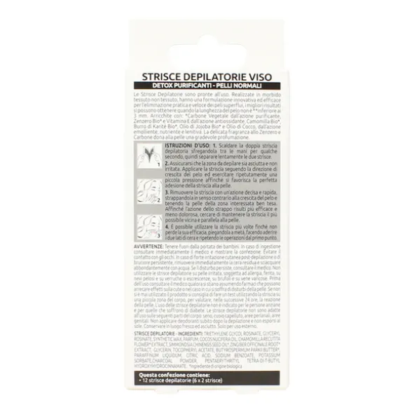 PIUME STRISCE DEPILATORIE VISO DETOX CARBONE VEGETALE, ZENZERO BIO, CAMOMILLA BIO, OLIO DI JOJOBA BIO & VITAMINA E 12 PZ