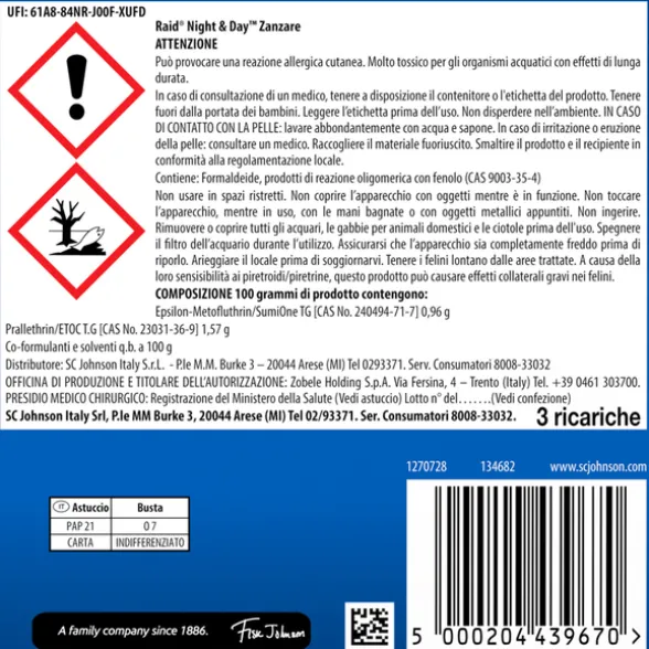 RAID NIGHT & DAY ELETTRICO 3 RICARICHE ZANZARE 120 ORE