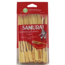 SAMURAI 50 SPIEDINI GOURMET DI BAMBU' CON IMPUGNATURA LUNGHEZZA 15 CM
