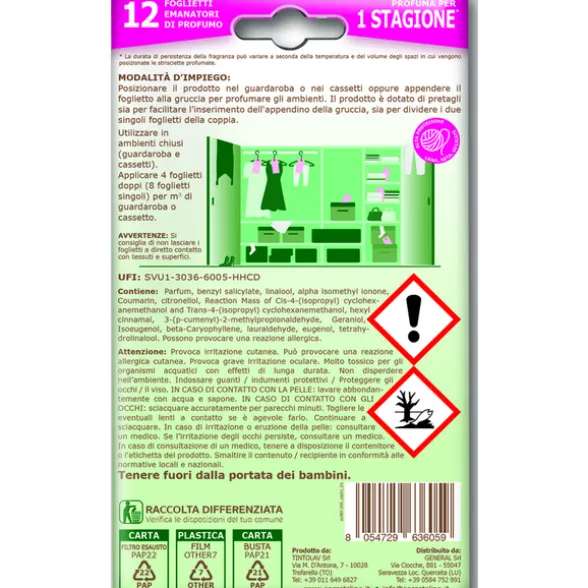 SECRETS LAUNDRY 12 FOGLIETTI EMANATORI PROFUMO IRIS & MUSK PROTEGGE & PROFUMA PER ARMADI E e CASETTI