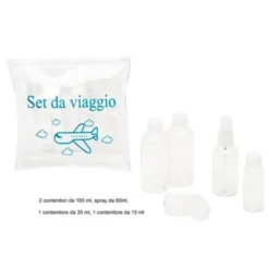 SET DA VIAGGIO 5 PZ MISTI - 2 CONTENITORI DA 100 ML - 1 CONTENITORE 60 ML SPRAY - 1 CONTENITORE 35 ML - 1 CONTENITORE 15 ML MINI SIZE TRAVEL KIT