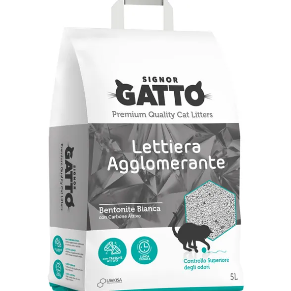 SIGNOR GATTO LETTIERA AGGLOMERANTE BENTONITE BIANCA CON CARBONE ATTIVO 5 L