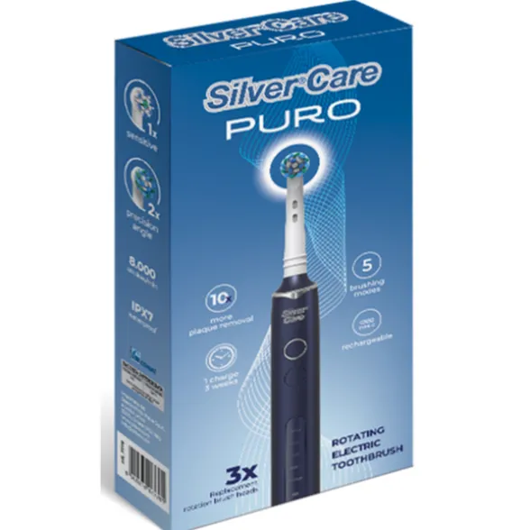 SILVER CARE PURO SPAZZOLINO ELETTRICO MANICO + 3 TESTINE INCLUSE RICARICA USB