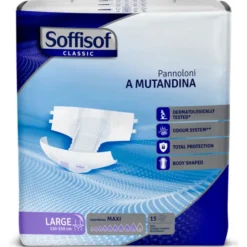 SOFFISOF PANNOLONI MUTANDINA ADULTI MISURA LARGE GIRO VITA 100-150 CM BUSTA 15 PEZZIASSORBENZA MAXI 9 GOCCE DISPOSITIVO MEDICO CE DI CLASSE 1