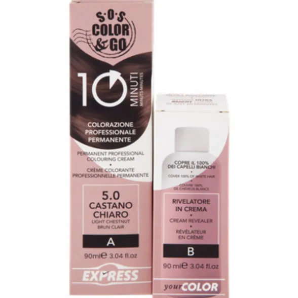 S.O.S.COLOR&GO COLORAZIONE PEOFESSIONALE PERMANENTE 10 MINUTI DUO SET CREMA 90 ML + RIVELATIRE IN CREMA 90 ML 5.0 CASTANO CHIARO